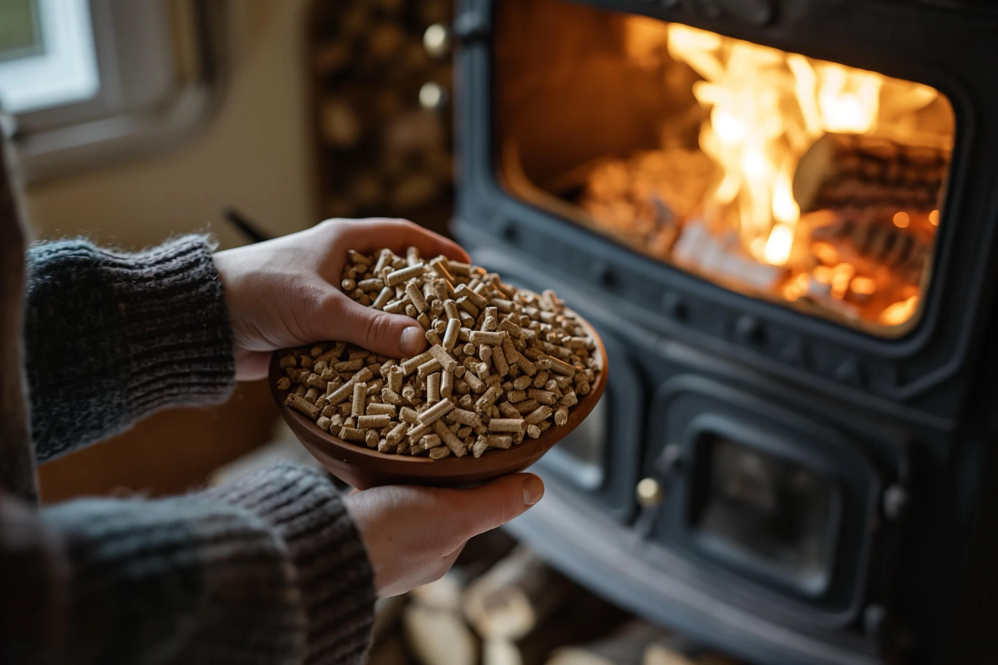 Handen met een kom houtpellets voor een brandende kachel