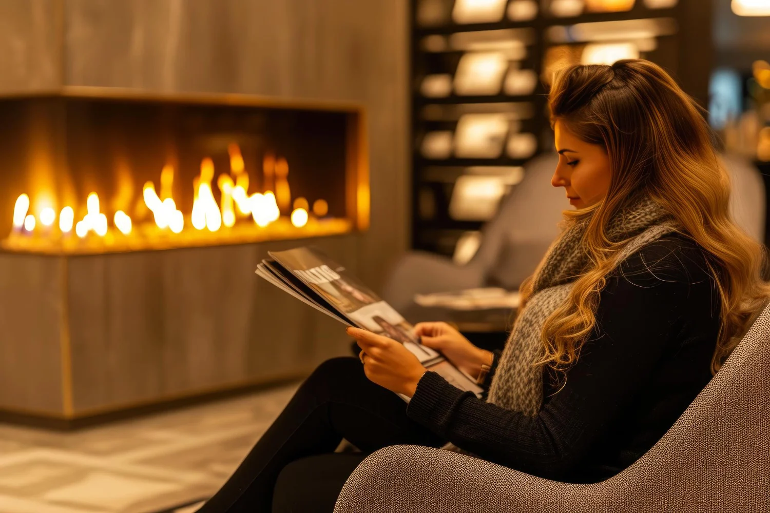 Vrouw leest naast een brede sfeerhaard