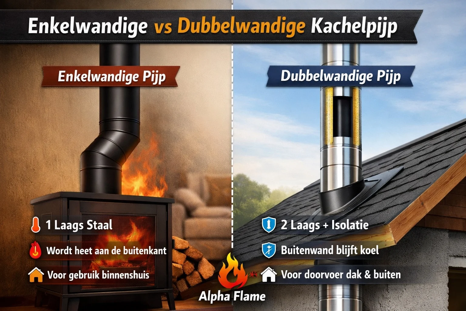 Vergelijking tussen een enkelwandige en een dubbelwandige kachelpijp