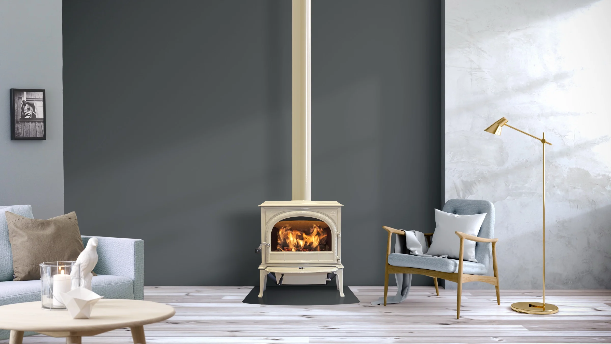 Jøtul F 400 ECO SE in ivoor emaille in een woonkamer