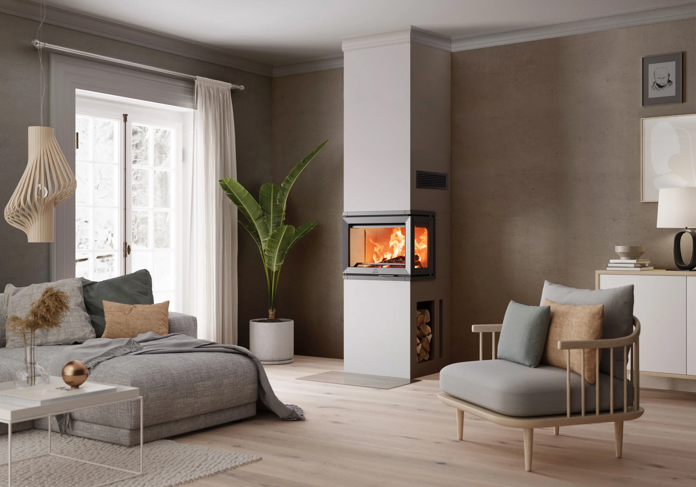 Jøtul I 520 FRL ingebouwd in een woonkamer