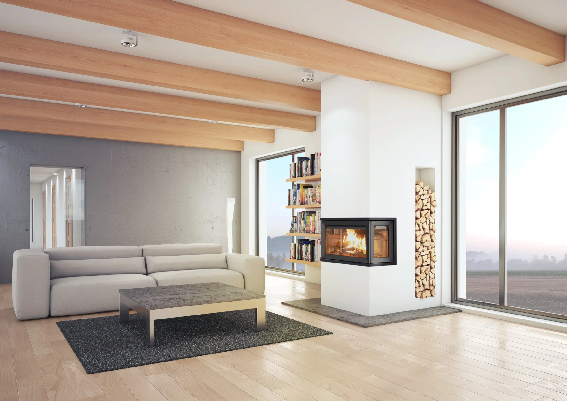 Jøtul I 620 FRL ingebouwd in een woonkamer