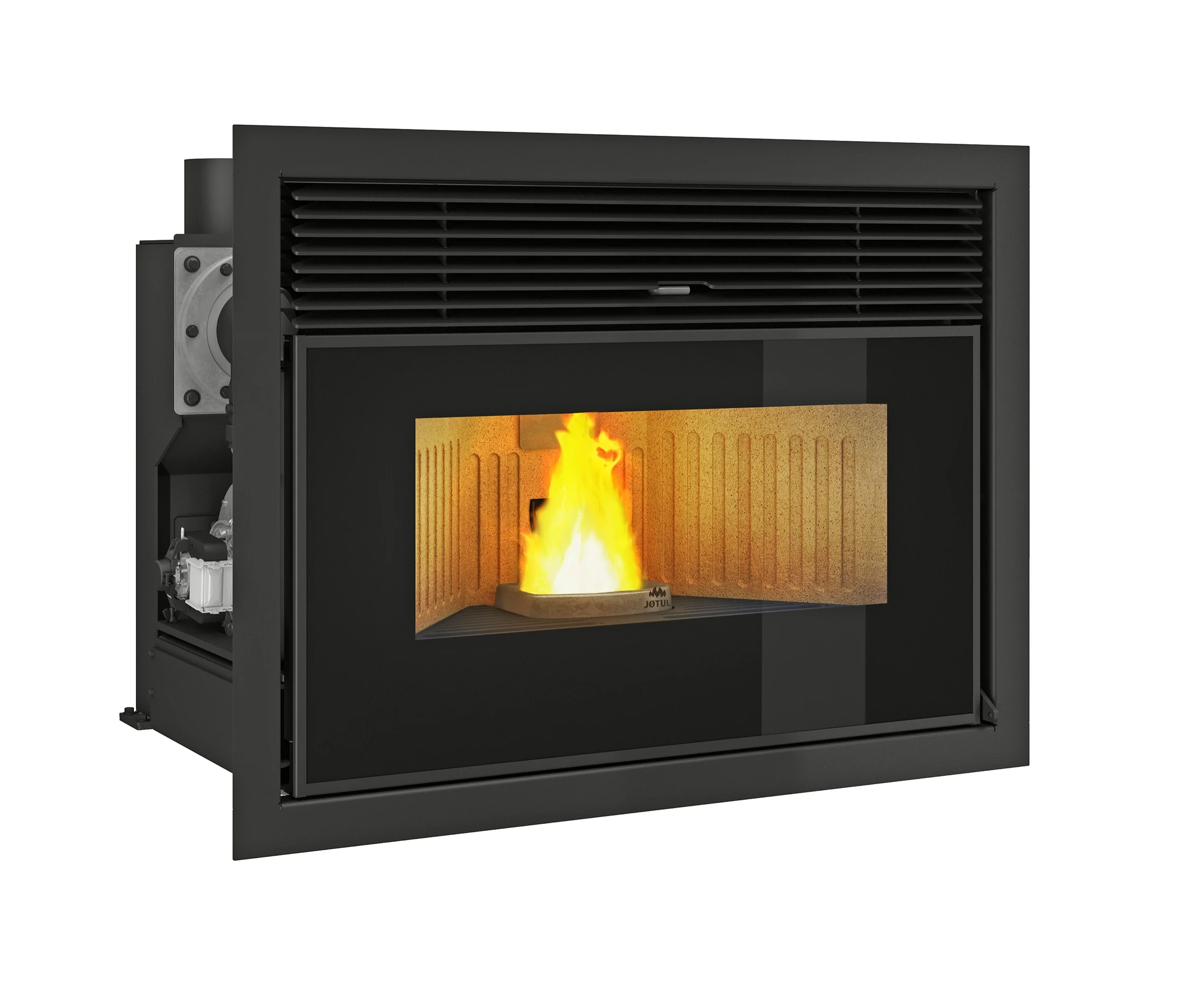 Jøtul PC 801 pelletcassette met brandend vuur