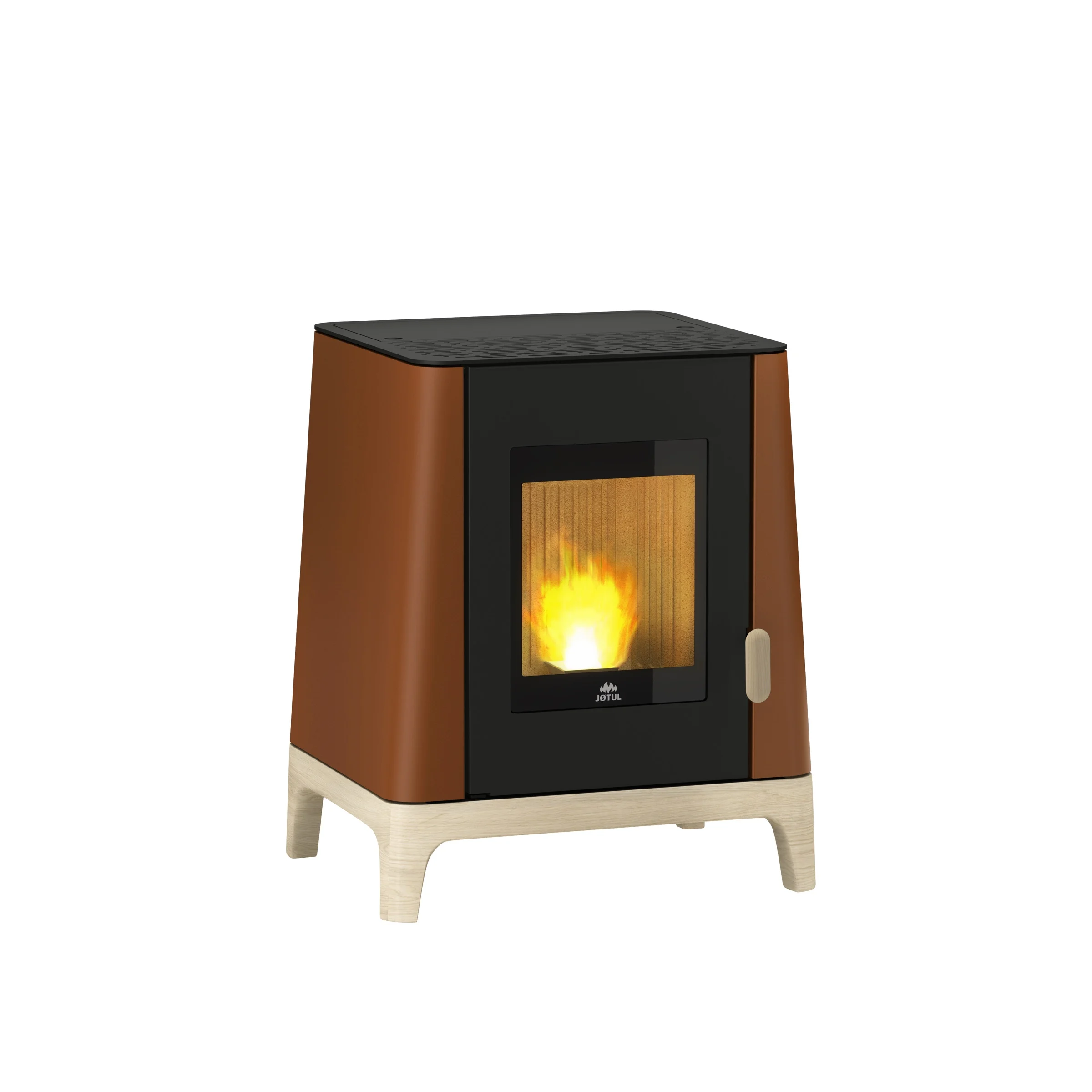 Jøtul PF 501 in zwart/corten met brandend vuur