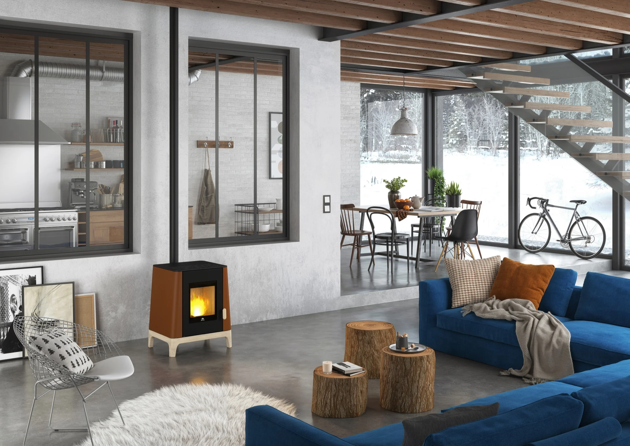 Jøtul PF 501 in zwart/corten in een woonkamer