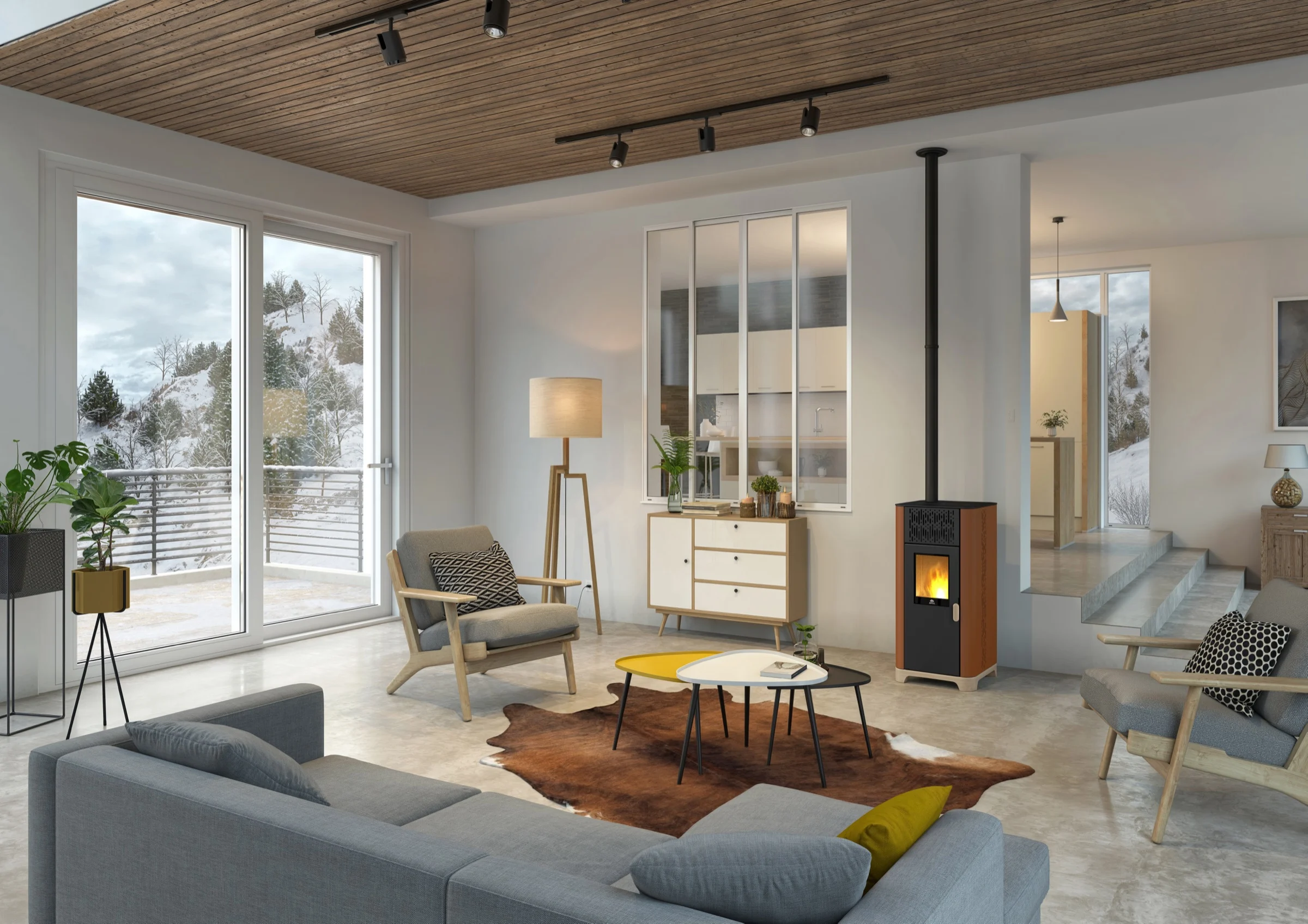 Jøtul PF 734 in zwart/corten in een woonkamer