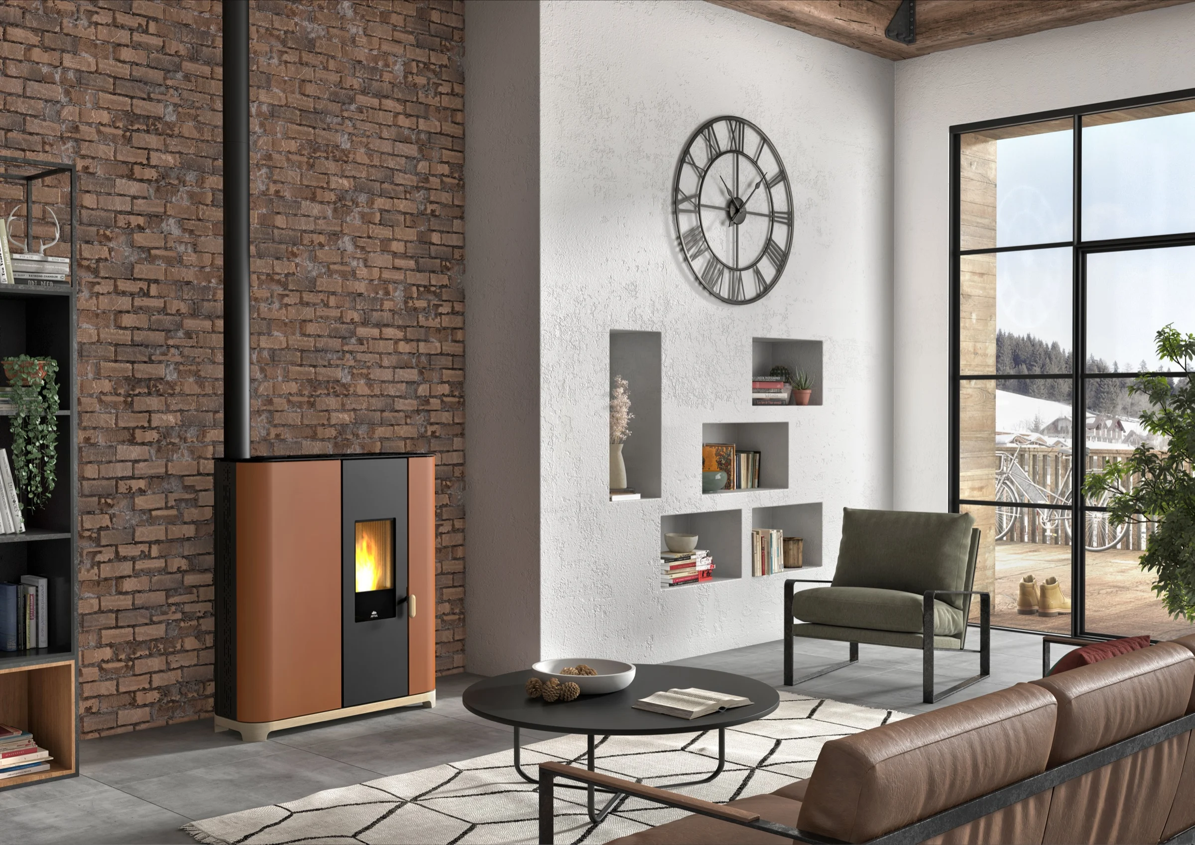 Jøtul PF 912 S in zwart/corten in een woonkamer
